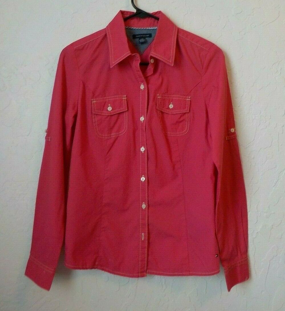 Tommy Hilfiger Pink Shirt Women Small Button Up Long Sleeve White Seams Preppy